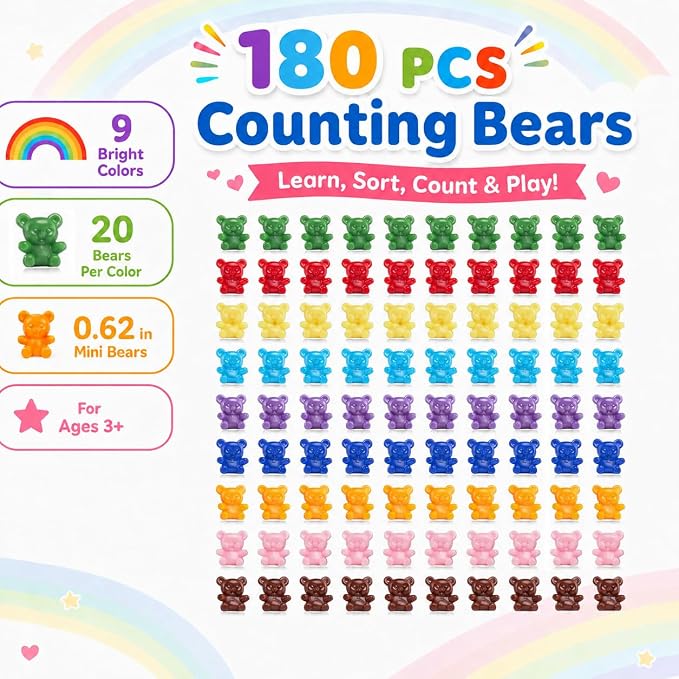 XINHUIDALSQ 180 Pcs Counting Bears, 0.62'' 9 Colors Rainbow Counting Mini Bears, Plastic Sorting Bear Counters Math Manipulatives for Ages 3+ Kids, Back to School Supplies - Image 5