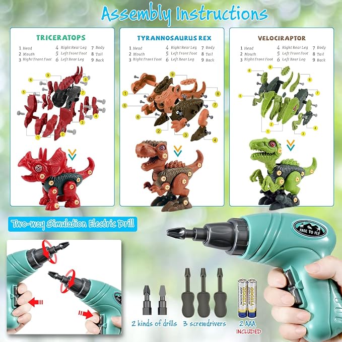FREE TO FLY Dinosaur Toys Gifts for 3 4 5 6 7 8 Year Old Boys: Stem Dinosaur Toy for Kids 3-5 Building Learning Eductional Take Apart Dino Toys with Electric Drill Birthday - Image 4