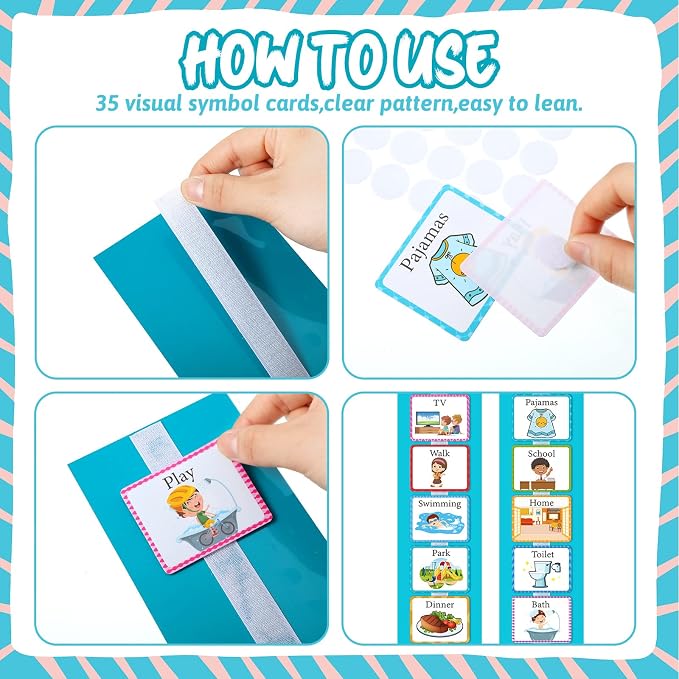 Visual 35 Pieces Schedule for Toddlers Autism Learning Materials Kids Routine Cards Visual Wall Planner, 2 Chore Chart Schedule Board for Home School, 2 Rough Strips, 35 Hook and Loop Dots(Cyan) - Image 4