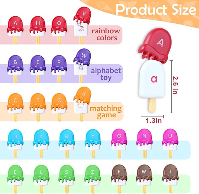 USATDD ABC Alphabet Learning Toys Alphabet Popsicles Animal Matching Toy Uppercase Lowercase Preschool Learning Activities Montessori Toys Gifts for Kids Toddlers, 52 Pcs - Image 3