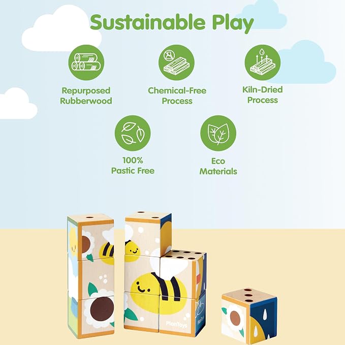 PlanToys® Animal Puzzle Cubes Wooden Picture Block for Kids Ages 3+ Toy - Image 3