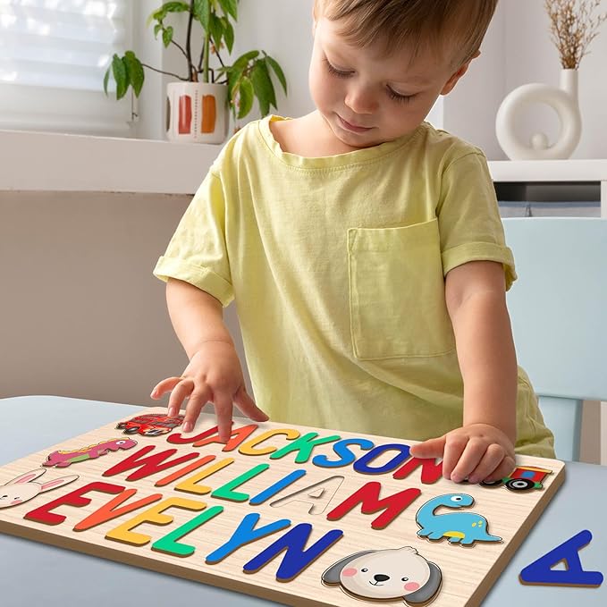 Personalized Name Puzzle for Kids, Custom Wooden Name Puzzle Engraved Text On Back, 1st Birthday for Kids, Personalized Baby Gifts Name Puzzles for Toddlers 1-3, Toddlers Toys