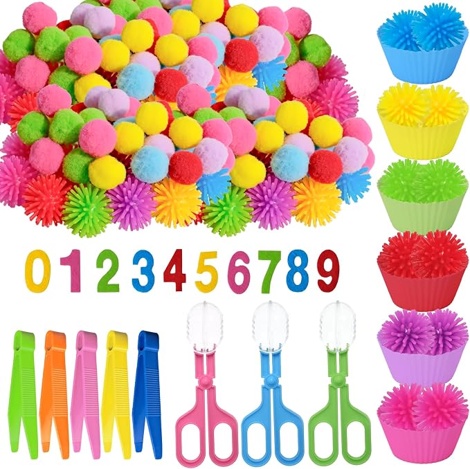 188 Pcs Fine Motor Skills Counting Sorting Sensory Toy Set 72 Hedge Ball 5 Tweezer 3 Scissor Clip 18 Sorting Cup 60 Pom Pom 30 Number Ornament for Education Preschool Training by LECEHIVO
