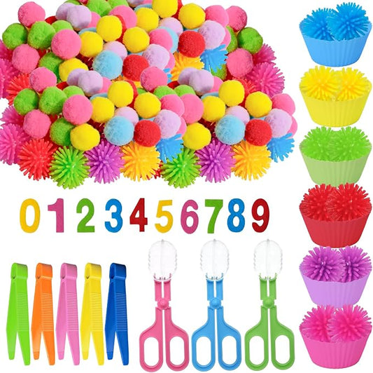 188 Pcs Fine Motor Skills Counting Sorting Sensory Toy Set 72 Hedge Ball 5 Tweezer 3 Scissor Clip 18 Sorting Cup 60 Pom Pom 30 Number Ornament for Education Preschool Training by LECEHIVO