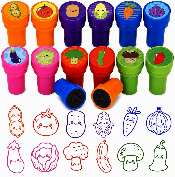 Cinrobiye 24 Pcs Vegetable Stampers Party Favor Set, Cute Veggie Stamps for Kids Birthday Party, Classroom Rewards, Educational Learning Toys, Goody Bag Fillers, Healthy Food Party Supplies by Cinrobiye