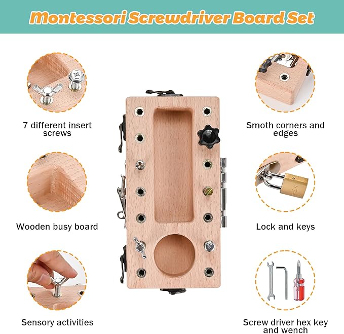 Montessori Screwdriver Board Set with Lock and Key, Montessori Toys for 3 4 5 Year Old, Wooden Screw Driver Activities Tools, Fine Motor Skills Preschool Learning Sensory Toy - Image 3