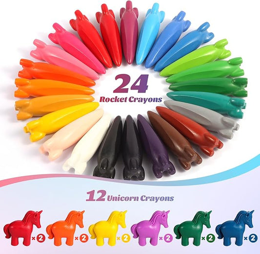 DreamCandy Rocket and Unicorn Crayons,36PCS Non Toxic Washable Toddler Crayons for Kids and Toddlers,Art Supplies Drawing Coloring Crayon Set,Gift for Girls and Boys,Back to School