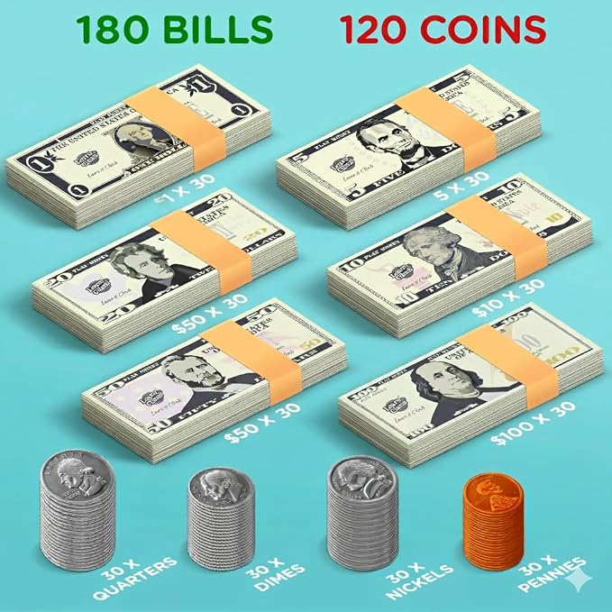Play Money Set for Kids - Includes: Bills, Coins, Credit Card and Checkbook - Image 2