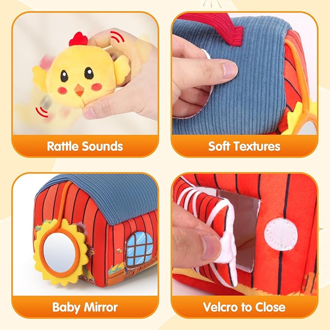 Baby Toys 6-12 Months - Soft Barn with Stuffed Farm Animals Toy, Montessori Toys for 6 Months Infant Boys Girls Sensory Gifts with Rattle, Crinkle Paper, Mirror Christmas Stocking Stuffers