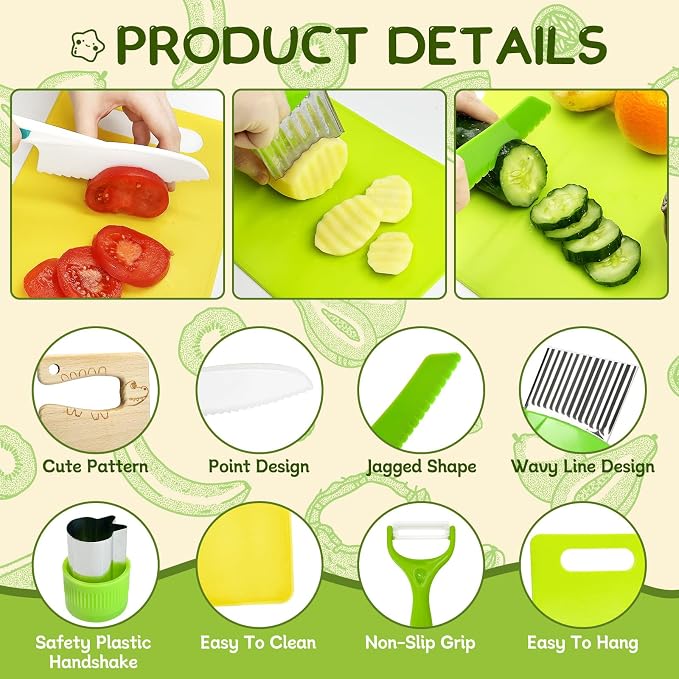 Chanking 13 Pieces Kids Safe Knife Set for Real Cooking Child-Friendly Plastic Chef Tools Montessori Kitchen Toys for Toddlers Birthday Gifts for Boys and Girls Ages 4+ (A) (Pack of 2) - Image 3