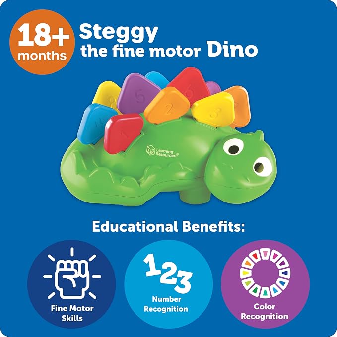 Learning Resources Steggy the Fine Motor Dino - 11 Pieces, Ages 18+ Months Toddler Learning Toys, Fine Motor and Sensory Toy, Toddler Montessori Toys, Dino Toys, Preschool Toys - Image 6