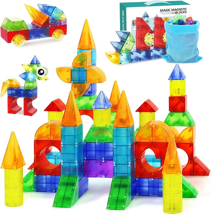 Huaker 66Pcs Magnetic Building Blocks, Translucent 3D STEM Toys for Age 3+ by Huaker