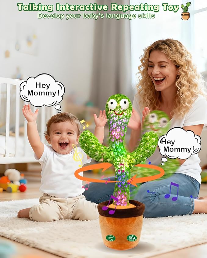 Pbooo Talking Dancing Cactus Toy for Baby, Repeats What You Say & Recording, 120 Songs Interactive Musical Toy with Volume Control, Light Up Tummy Time Infant Toys for 6 12 Months, 1 Year Old Gifts