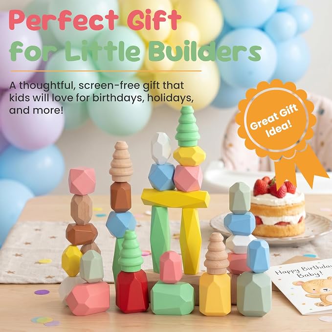 WOODENFUN Wooden Stacking Rocks Stones Building Blocks Sensory Toddler Toys - Image 6