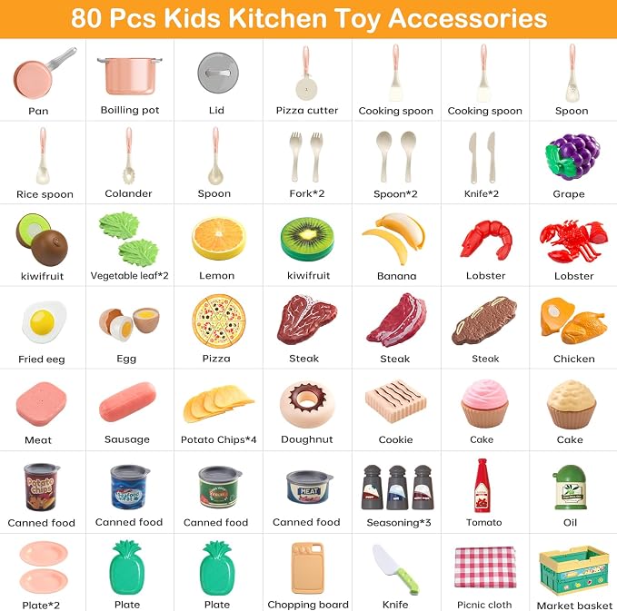 80pcs Pretend Play Kitchen Set for Toddlers, Kids Cookware Playset with Pots/Pans/Food/Fruits/Vegetables/Picnic Blanket/Storage Basket, Pink Educational Learning Toy Gift for Boys & Girls - Image 4