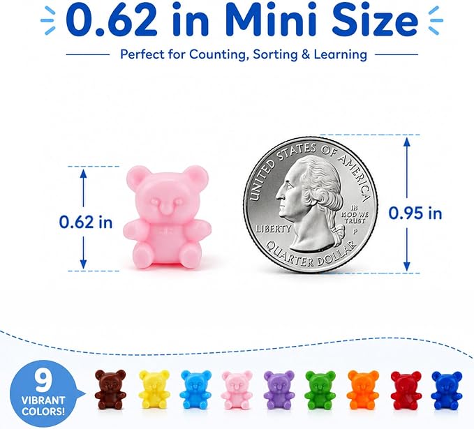 XINHUIDALSQ 180 Pcs Counting Bears, 0.62'' 9 Colors Rainbow Counting Mini Bears, Plastic Sorting Bear Counters Math Manipulatives for Ages 3+ Kids, Back to School Supplies - Image 3