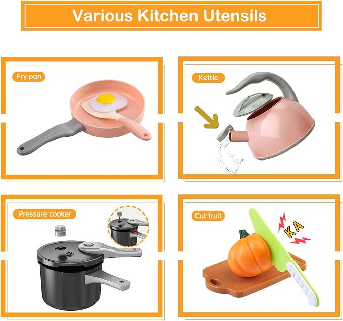 100Pcs Kitchen Playset, Kids Pretend Cooking Play Pots, Pans, Utensils, Cookware, Toy Food Fruits Veggies, with 2 Large Apple - Shaped Storage, Toddler Cooking Learning Gift(Pink) - Image 4
