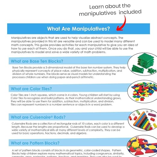 hand2mind-93538 Take Home Math Manipulatives Kit for Kids Grade K-2, with Snap Cubes, Base Ten Blocks, Cuisenaire Rods, Pattern Blocks, Color Tiles and Learning Clock, Homeschool Supplies (292 Pieces) - Image 4
