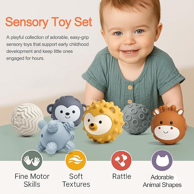 6-Pack Baby Sensory Balls, Textured & Animal Face Toddler Balls, BPA-Free Soft Teething Toys, Montessori Developmental Toys for Babies 6-12 Months, Christmas Gift for Infant