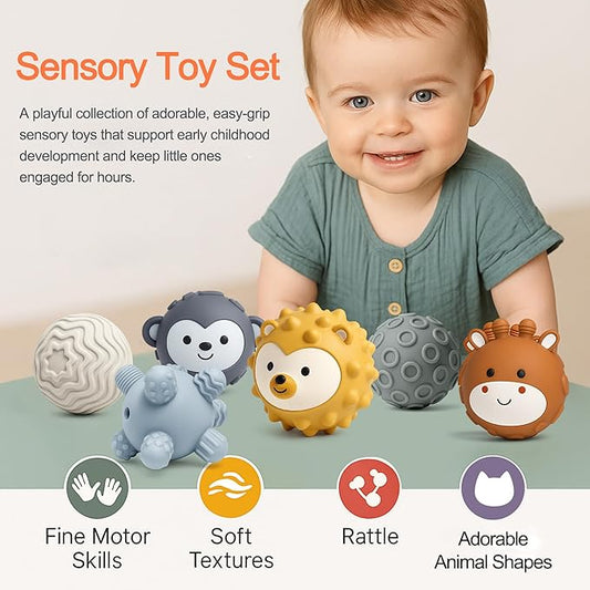6-Pack Baby Sensory Balls, Textured & Animal Face Toddler Balls, BPA-Free Soft Teething Toys, Montessori Developmental Toys for Babies 6-12 Months, Christmas Gift for Infant