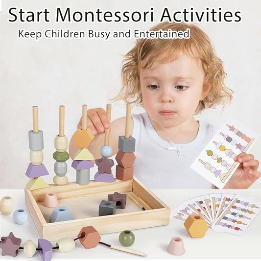 Montessori Toys for 3 Year Old - Wooden Lacing Beads & Stacking Blocks Toys for 3 4 5 Year Old Girl Boy Easter Birthday Gifts, Preschool Learning Activities With Beads Sequencing Set for Kids Age 3+