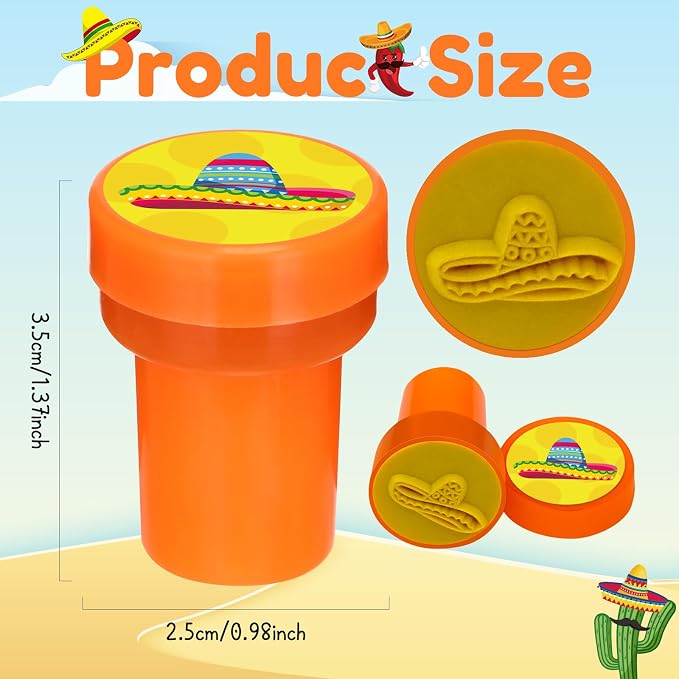 Cinrobiye 24 Pcs Mexican Fiesta Stampers for Kids,Party Favor Set, Mexico Party Favor Set Stampers, Cinco de Mayo Birthday Party Supplies, Classroom Rewards, Piñata Fillers, Goody Bag Stuffers - Image 3