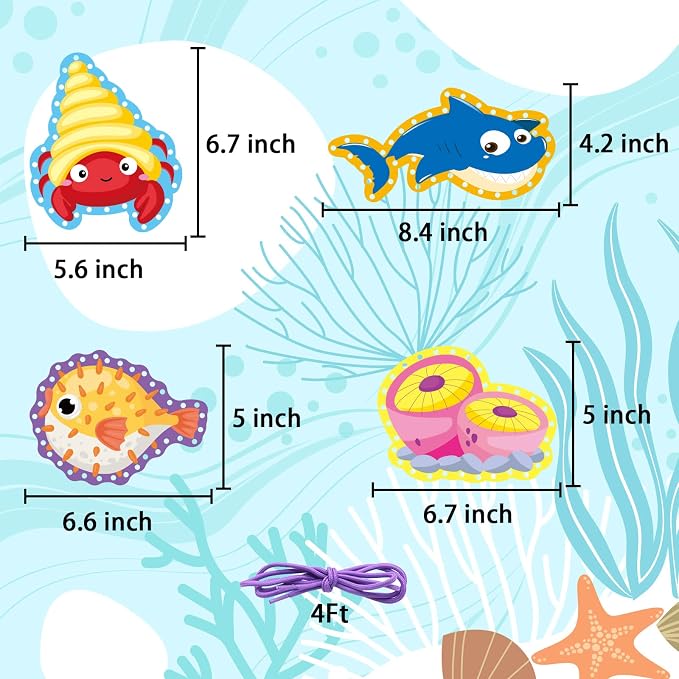 Sea Animals Lacing Cards Sewing Cards For Kids 12 Pack Shark Whale Ocean Theme Party Decor Double Sided Cardboard Lacing Playing Games for Preschool Home Developing Imagination Education Supplies - Image 3