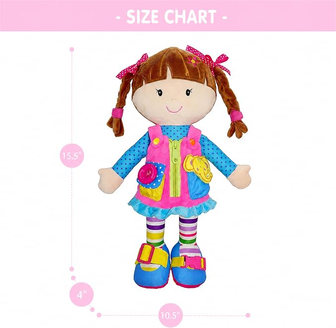 June Garden 15.5" Dressy Friends Belle - Educational Stuffed Plush Doll for Kids and Toddlers 2 Years and Up - Montessori Buckle Soft Toy - Image 4