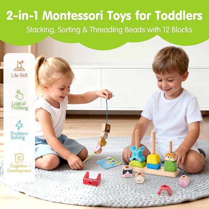 hahaland Montessori Toy for 1+ Year Old, Wooden Farm Stacking Sorting Toy - Image 2