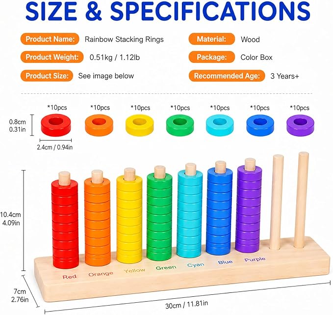 Montessori Wooden Color Sorting Stacking Toys, Montessori Toys Rainbow Rings Game with 70 Pieces, Fine Motor Skills Learning Toy, Educational Preschool Gift for Boys Girls Age 3 4 5+ - Image 6