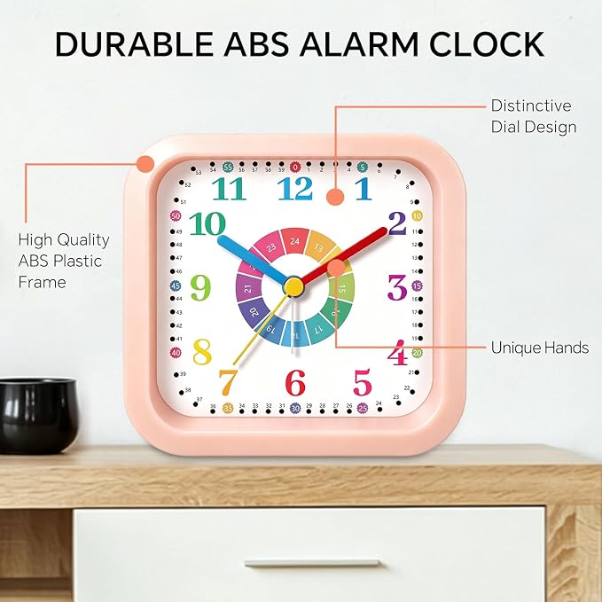 Modern Silent Learning Alarm Clock for Kids, 4.5" Loud Battery Operated Alarm Clock for Heavy Sleepers with Unique Dial & Numbers, Plastic Desk Clock for Kids Bedroom Classroom Dorms, Pink - Image 5