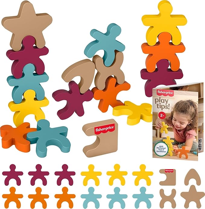 Fisher-Price Wood Montessori Toy Stacking Shapes, American Montessori Society Seal of Excellence, 16-Piece Wooden Learning Activity & Expert Play Tips for Kids Ages 2+ Years (Amazon Exclusive)