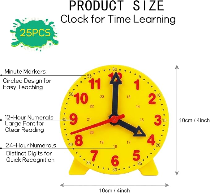 25 Pcs Teaching Clock Kit for Kids to Tell Time Teaching, Teacher Classroom Supplies, 4 Inch Yellow Mini Geared Clock, Basic Math Development Tool - Image 2