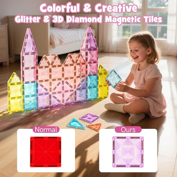 WMXDU Large Pastel Magnetic Tiles: Glitter Diamond Castle Building Set - Image 6
