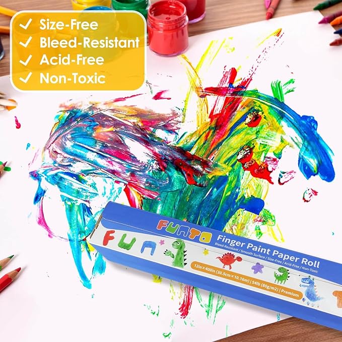 Funto Finger Paint Paper Roll, 12"x400", Size-Free,White, Large Paint Sheet for Toddlers, Art Pad for Kids, Paper for Painting, Easy to Cut