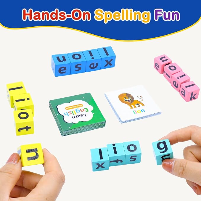 Spelling Games for Kids Ages 3-8, Learn to Read Phonics & Word Building Game with 40 Flash Cards, 16 Wooden Letter Blocks for Screen-Free Family Fun & Preschool Classroom Learning - Image 7