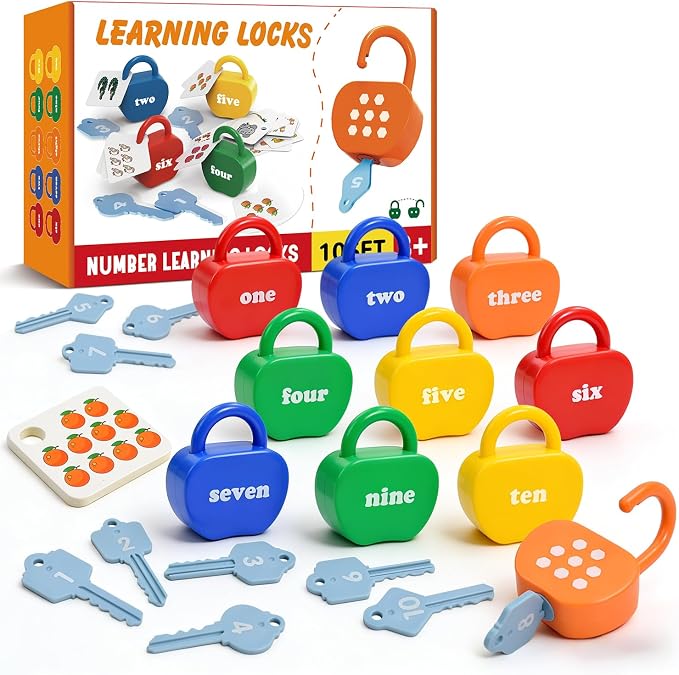 Montessori Lock and Key Toddler Toys, Cause and Effect Sensory Learning Toys for 1 2 3 Year Old, Number Counting & Matching Game, Fine Motor Skills Preschool Travel Activities by YYDeek