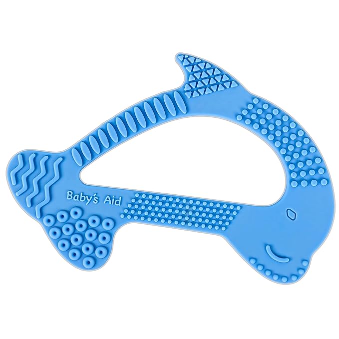 Dolphin Silicone Teether Toy with 8 Texture Zones, Easy Grip for Little Hands, Ages 3M+, Baby’s Aid (Blueberry)