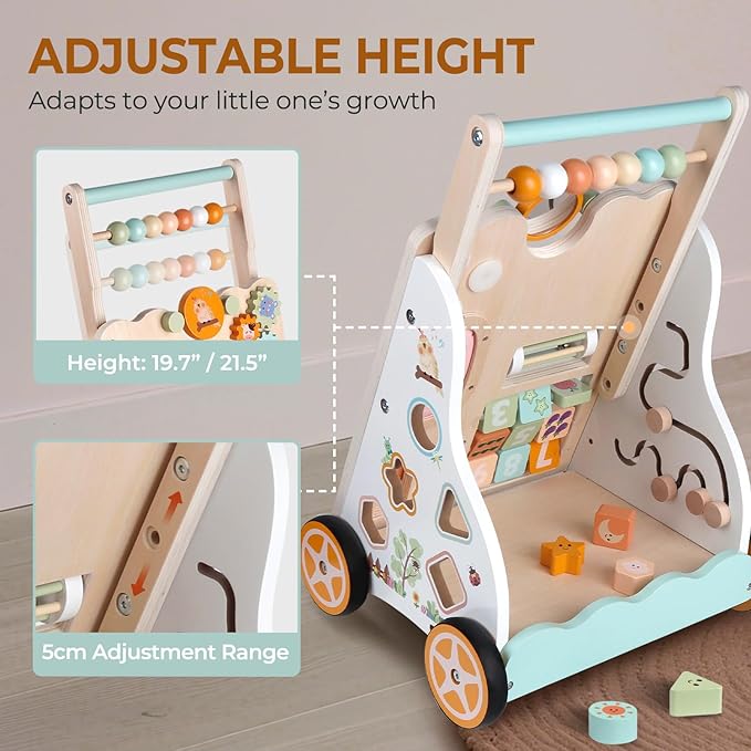 Baby Push Walker, Wooden Baby Walker with Wheels, Montessori Activity Center for 1 2 3 Years Old Boys Girls, Adjustable Speed & Height Push Toy for Toddlers, Educational Gift for 1+ Kids Development