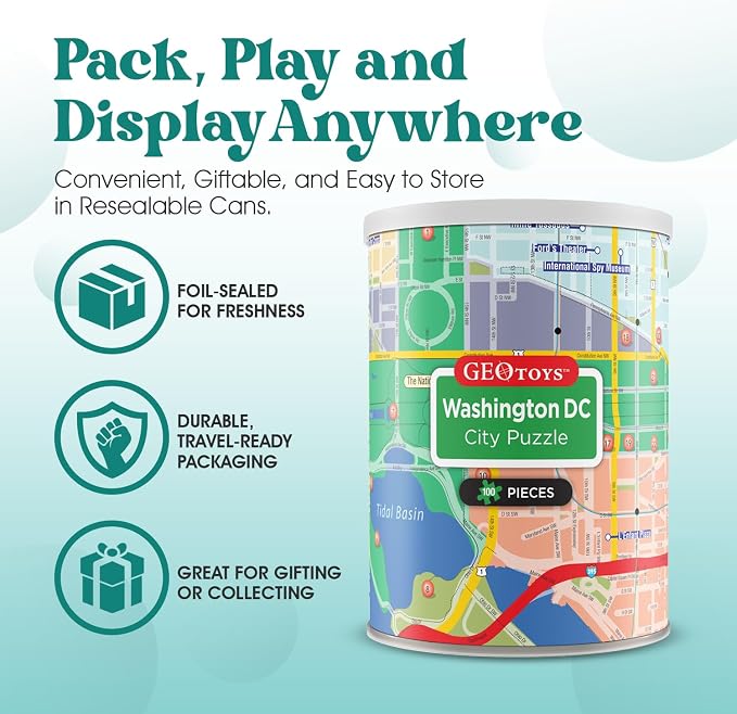 Geotoys Washington, D.C. Mini Puzzle - 100 Piece Puzzles for Kids and Adults in Portable Can, 13" x 10" Educational Travel Puzzle for Ages 7 and Up - Mini Puzzles to Learn & Explore Geography - Image 3