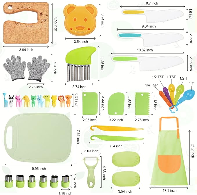 50PCS Kids Kitchen Cooking Set - Crocodile Wooden Kid Safe Knife Cutting Board Apron Gloves Fruit Vegetable Crinkle Cutters Peeler Serrated Edges Plastic Toddlers Knives, Kids Knifes for Real Cooking - Image 2
