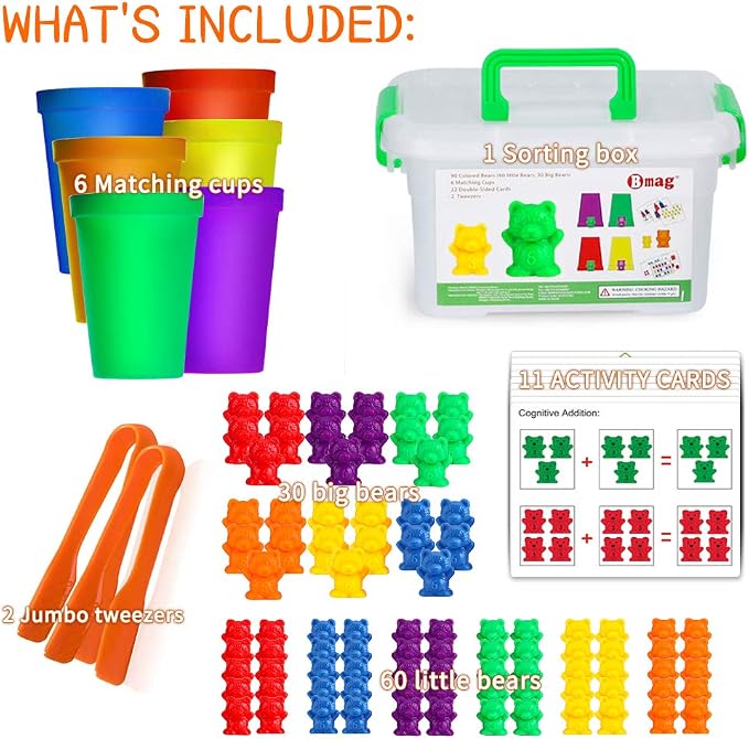 Bmag Counting Bears with Matching Sorting Cups,Number Color Recognition STEM Educational Toy for Toddler, Pre-School Learning Toy with 90 Bears,2 Tweezers,11 Activity Cards,1 Storage Box - Image 2