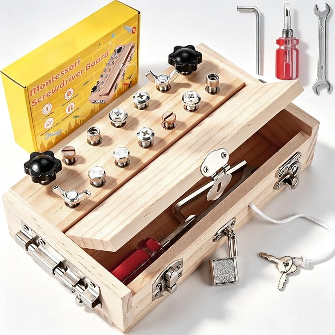 Montessori Screwdriver Board Set, Montessori Toys for 3 4 5 with 1 Locks and Keys, Toddler Screwdriver Toy, Kids Tool Set, Preschool Learning Sensory Toy, Fine Motor Skills Toys by WoodTrove