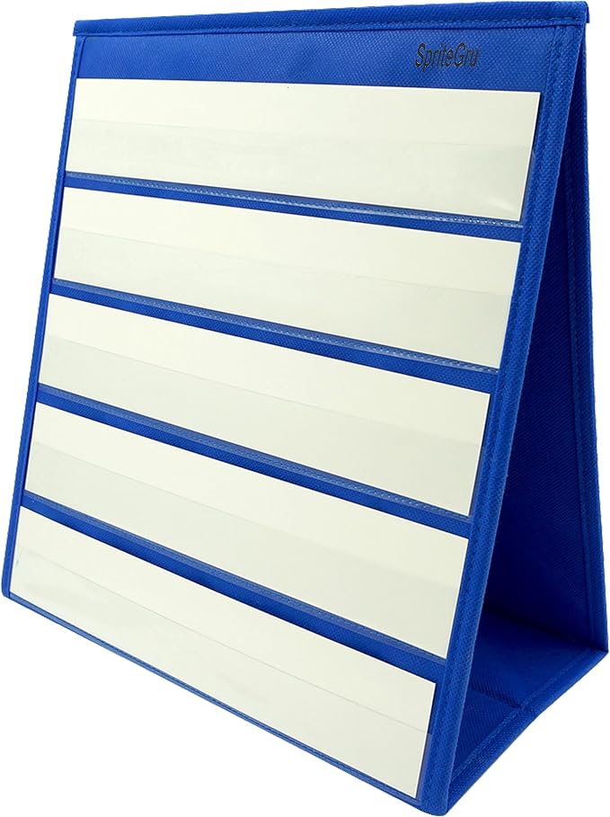 Blue Tabletop Desktop Pocket Chart with Bonus 20X Dry Erase Cards. Double Sided and Self-Standing (13” X 12”) by SpriteGru