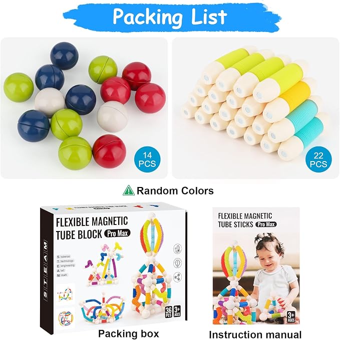 Magnet Toys for 3 Year Old Boys & Girls, 2 in 1 Magnetic Pop Tubes & Balls, Sensory Fidget Toys for Fine Motor Skill Development, Preschool STEM Educational Toys Gift for Toddlers and Kids (36 PCS) - Image 8
