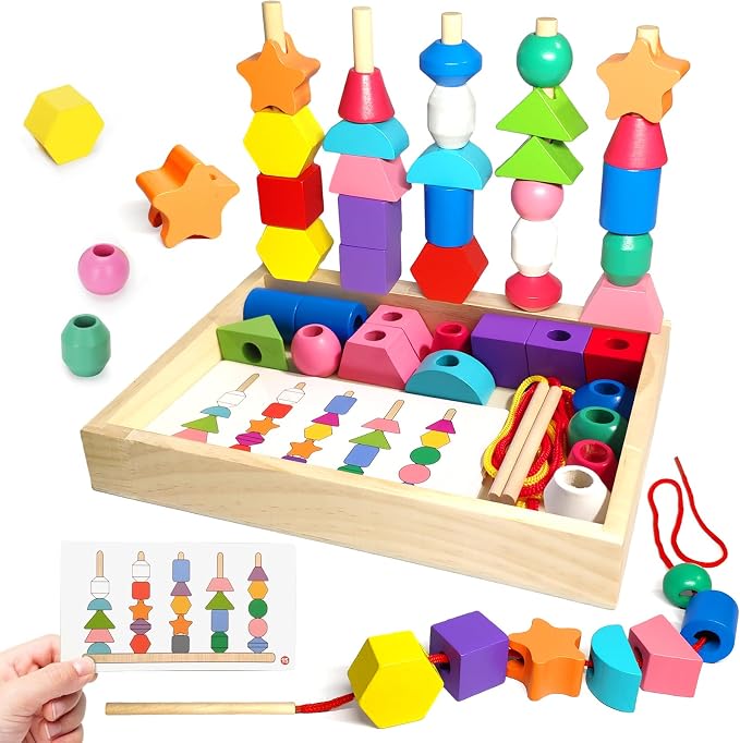 Montessori Wooden Beads Sequencing Toy Set, Sorting Stacking Blocks & Lacing Beads & Shape Matching Stacker for 2 3 4 5 Years Kids Preschool Learning Fine Motor Skills Toys Gifts for Toddler Boy Girl by Thothyer