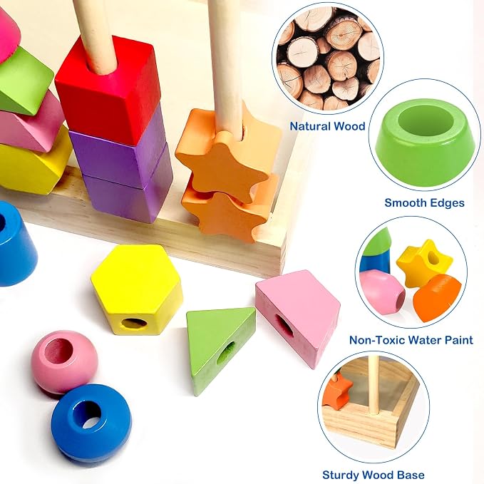 Montessori Wooden Beads Sequencing Toy Set, Sorting Stacking Blocks & Lacing Beads & Shape Matching Stacker for 2 3 4 5 Years Kids Preschool Learning Fine Motor Skills Toys Gifts for Toddler Boy Girl - Image 5