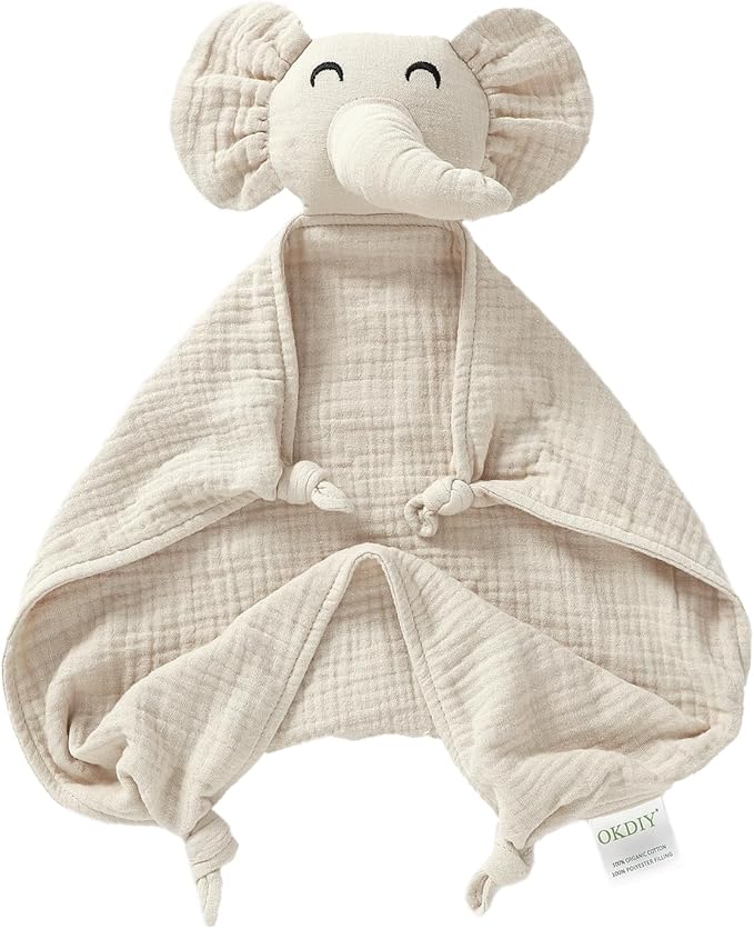 Organic Elephant Lovey, Muslin Security Blanket for Babies, Elephant Baby Stuffed Animal, Snuggle Toy, Gift for Boys and Girls (Khaki)