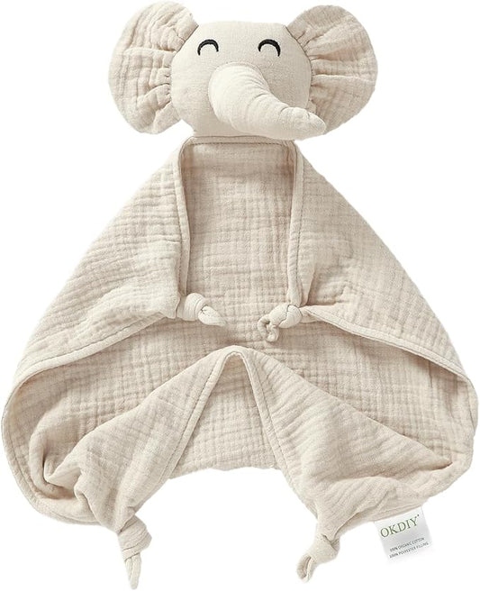 Organic Elephant Lovey, Muslin Security Blanket for Babies, Elephant Baby Stuffed Animal, Snuggle Toy, Gift for Boys and Girls (Khaki)