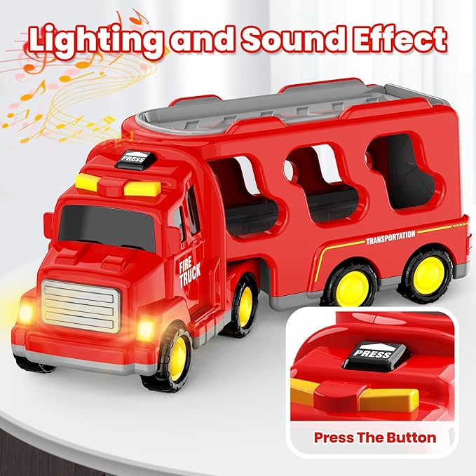 Toddlers Fire Truck for Kids 3-9 Year Old，5 in 1 Friction Power Vehicle Car for 3 4 5 6 7 Years Old Boys Girls，Carrier Truck Transport Toys for Christmas and Birthday Gifts